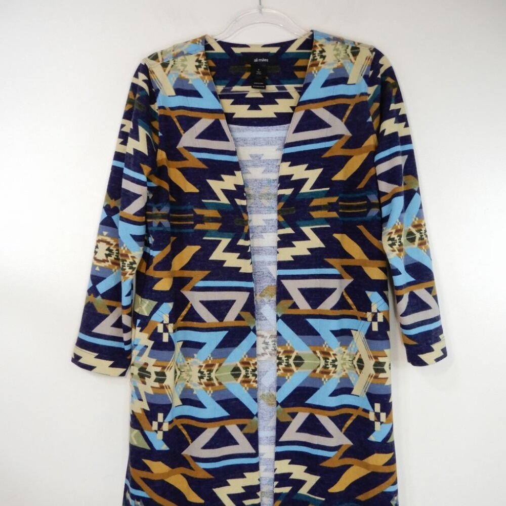 ALI MILES Open Front Cardigan Sweater Duster S Multi Western Aztec Pockets NEW - Picture 2 of 6